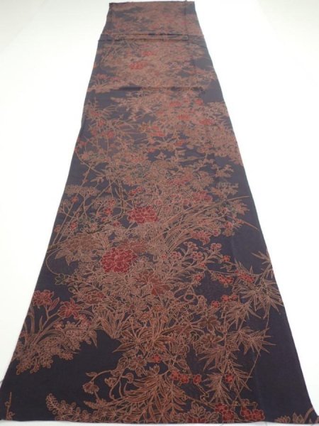 Photo5: 1L05z110  Japanese Kimono Crepe Silk  FABRIC Flowers Navy-Gray 66.9x14.6 (5)
