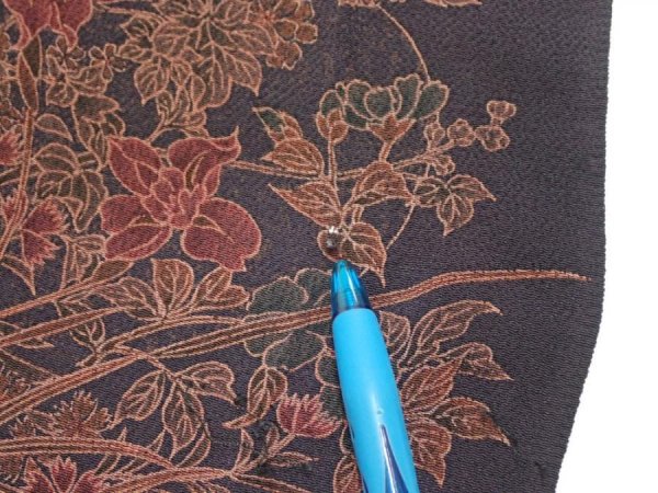 Photo6: 1L05z110  Japanese Kimono Crepe Silk  FABRIC Flowers Navy-Gray 66.9x14.6 (6)