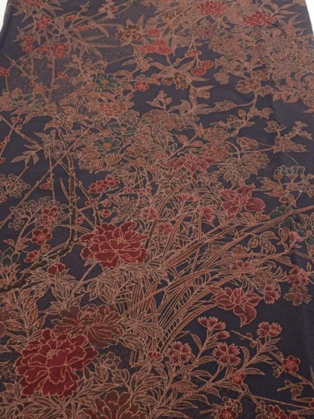 Photo1: 1L06z100  Japanese Kimono Crepe Silk  FABRIC Flowers Navy-Gray 63.8x14.6 (1)