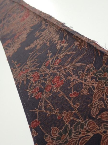 Photo1: 1L08z50  Japanese Kimono Crepe Silk  FABRIC Flowers Navy-Gray 58.7x7.5 (1)