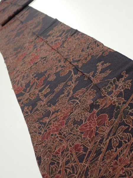 Photo1: 1L09z70  Japanese Kimono Crepe Silk  FABRIC Flowers Navy-Gray 82.7x7.3 (1)