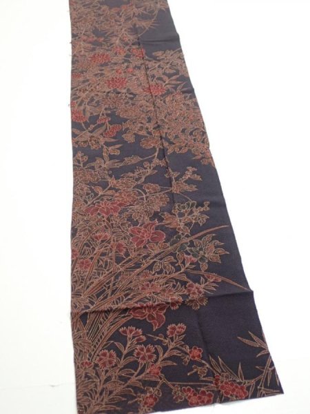 Photo2: 1L09z70  Japanese Kimono Crepe Silk  FABRIC Flowers Navy-Gray 82.7x7.3 (2)