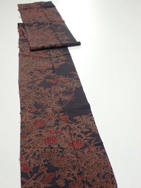 Photo3: 1L09z70  Japanese Kimono Crepe Silk  FABRIC Flowers Navy-Gray 82.7x7.3 (3)