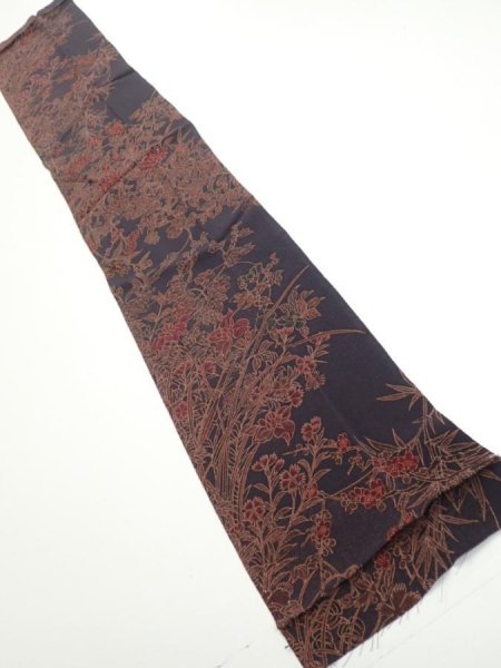 Photo1: 1L10z40  Japanese Kimono Crepe Silk  FABRIC Flowers Navy-Gray 40.2x7.1 (1)
