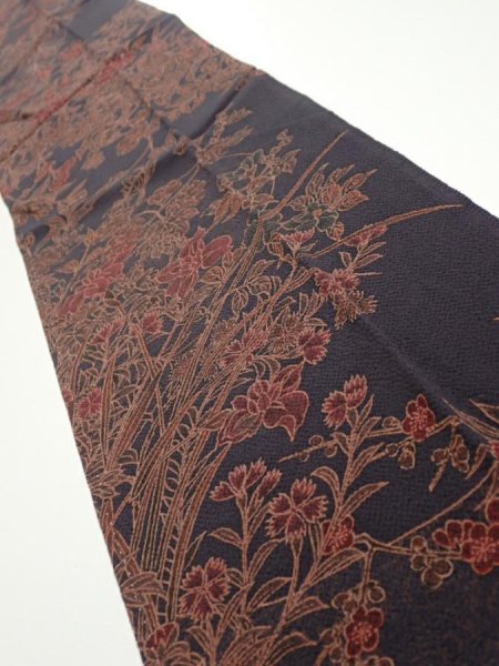 Photo2: 1L10z40  Japanese Kimono Crepe Silk  FABRIC Flowers Navy-Gray 40.2x7.1 (2)