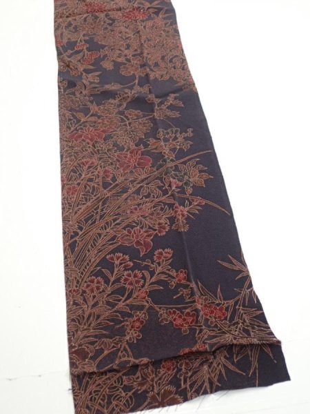 Photo3: 1L10z40  Japanese Kimono Crepe Silk  FABRIC Flowers Navy-Gray 40.2x7.1 (3)