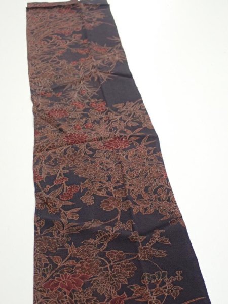 Photo4: 1L10z40  Japanese Kimono Crepe Silk  FABRIC Flowers Navy-Gray 40.2x7.1 (4)
