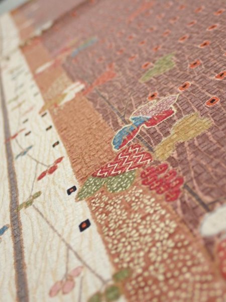 Photo4: 1L02z50  Japanese Kimono Silk  FABRIC Flowers Brown 43.7x14.4 (4)