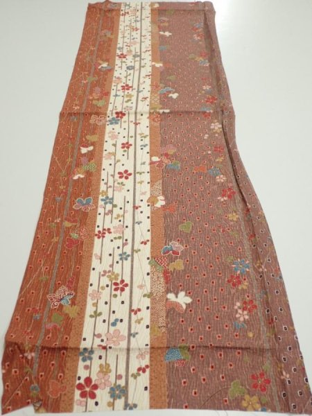 Photo5: 1L02z50  Japanese Kimono Silk  FABRIC Flowers Brown 43.7x14.4 (5)