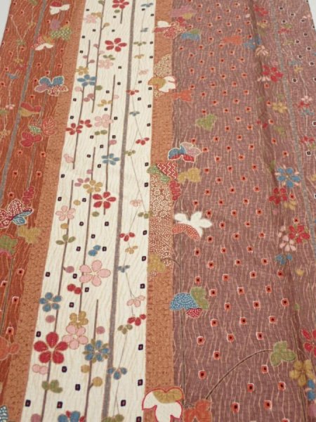Photo1: 1L04z70  Japanese Kimono Silk  FABRIC Flowers Brown 67.3x14.4 (1)