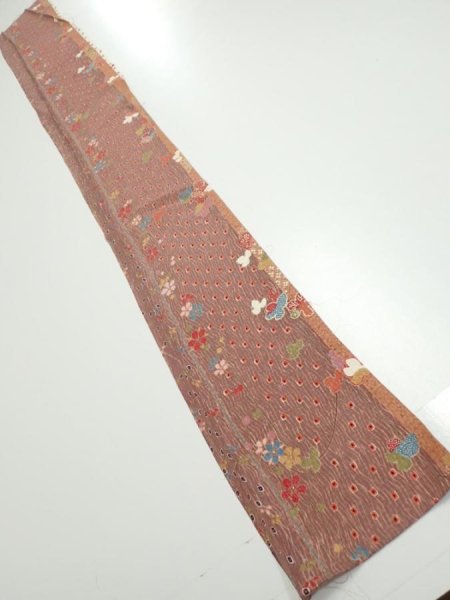 Photo5: 1L07z40  Japanese Kimono Silk  FABRIC Flowers Brown 61.4x7.3 (5)