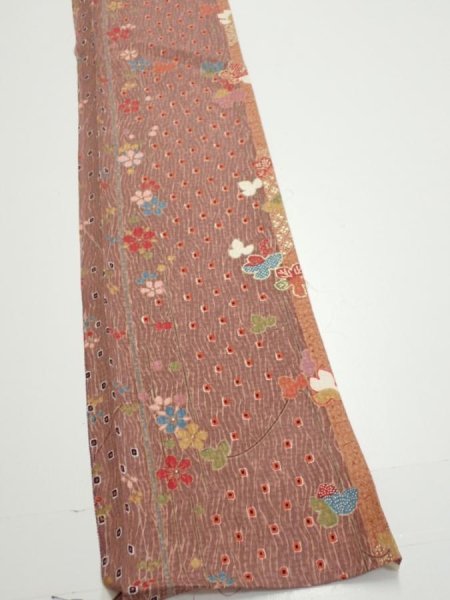 Photo2: 1L08z40  Japanese Kimono Silk  FABRIC Flowers Brown 61.8x7.5 (2)