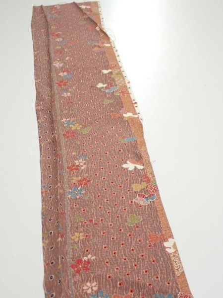 Photo3: 1L08z40  Japanese Kimono Silk  FABRIC Flowers Brown 61.8x7.5 (3)