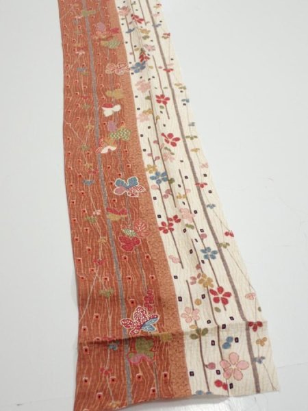 Photo2: 1L09z40  Japanese Kimono Silk  FABRIC Flowers Brown 83.5x6.9 (2)