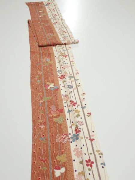 Photo3: 1L09z40  Japanese Kimono Silk  FABRIC Flowers Brown 83.5x6.9 (3)