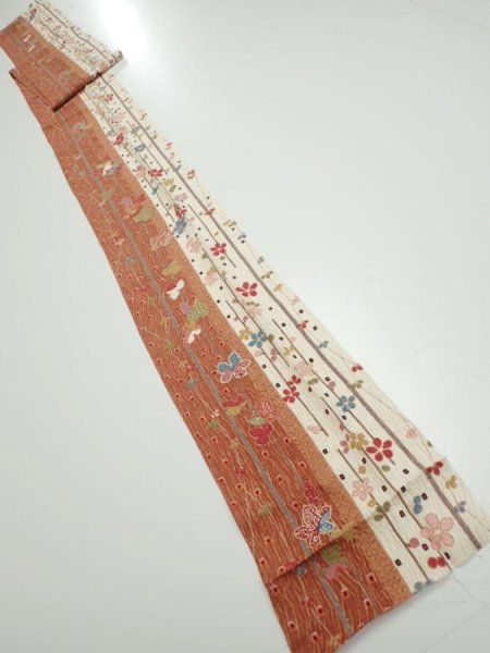 Photo5: 1L09z40  Japanese Kimono Silk  FABRIC Flowers Brown 83.5x6.9 (5)