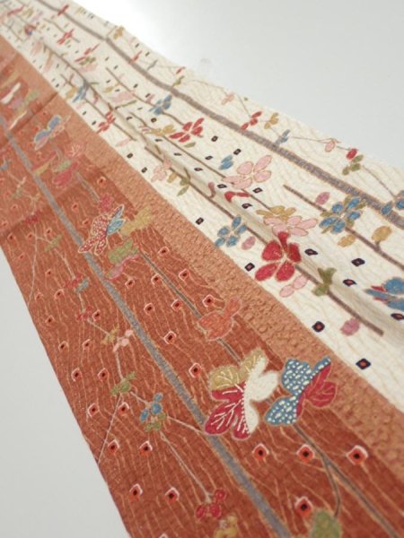 Photo2: 1L10z20  Japanese Kimono Silk  FABRIC Flowers Brown 40.9x6.9 (2)
