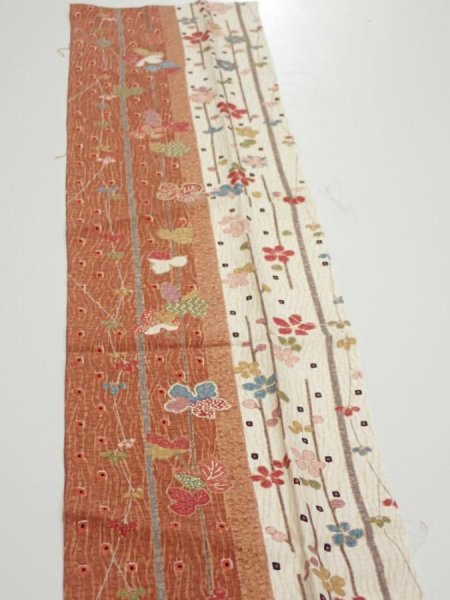 Photo3: 1L10z20  Japanese Kimono Silk  FABRIC Flowers Brown 40.9x6.9 (3)