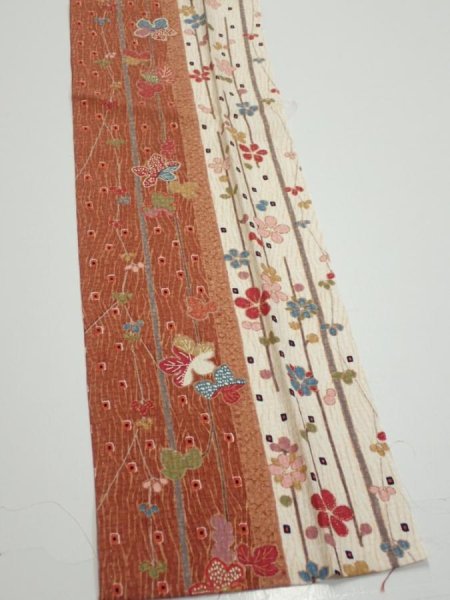 Photo4: 1L10z20  Japanese Kimono Silk  FABRIC Flowers Brown 40.9x6.9 (4)