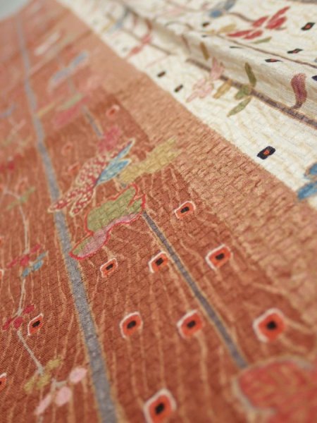 Photo5: 1L10z20  Japanese Kimono Silk  FABRIC Flowers Brown 40.9x6.9 (5)