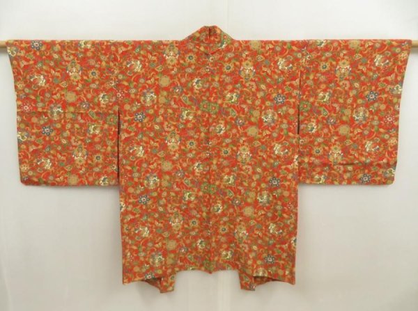 Photo1: 5709T02z550 Vintage Japanese Kimono Silk HAORI Flowers Dark orange (1)