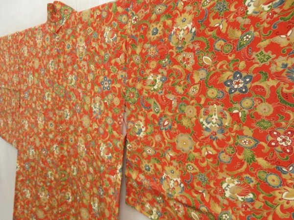 Photo2: 5709T02z550 Vintage Japanese Kimono Silk HAORI Flowers Dark orange (2)