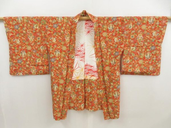 Photo5: 5709T02z550 Vintage Japanese Kimono Silk HAORI Flowers Dark orange (5)