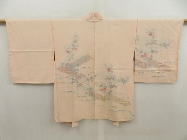 Photo1: 5709T04z520 Vintage Japanese Kimono Silk HAORI Chrysanthemum Light peach (1)