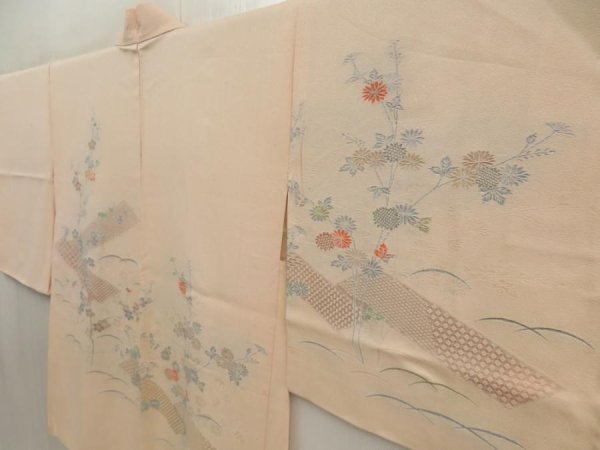 Photo2: 5709T04z520 Vintage Japanese Kimono Silk HAORI Chrysanthemum Light peach (2)