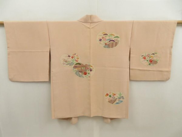 Photo1: 5709T05z630 Vintage Japanese Kimono Silk HAORI Chrysanthemum Light brown (1)