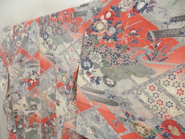 Photo2: 5709T07z970  Japanese Kimono Silk KOMON Flowers Light gray (2)