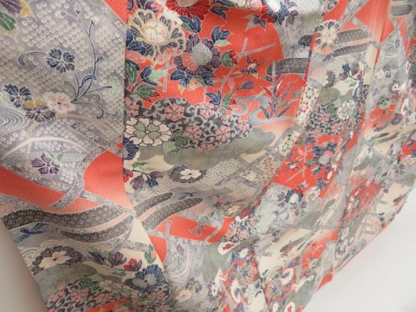 Photo3: 5709T07z970  Japanese Kimono Silk KOMON Flowers Light gray (3)
