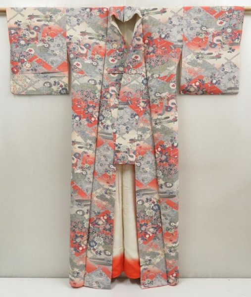 Photo8: 5709T07z970  Japanese Kimono Silk KOMON Flowers Light gray (8)
