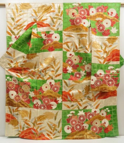 Photo1: 5709T08z1200 Vintage Japanese Kimono Silk FURISODE Chrysanthemum Green (1)