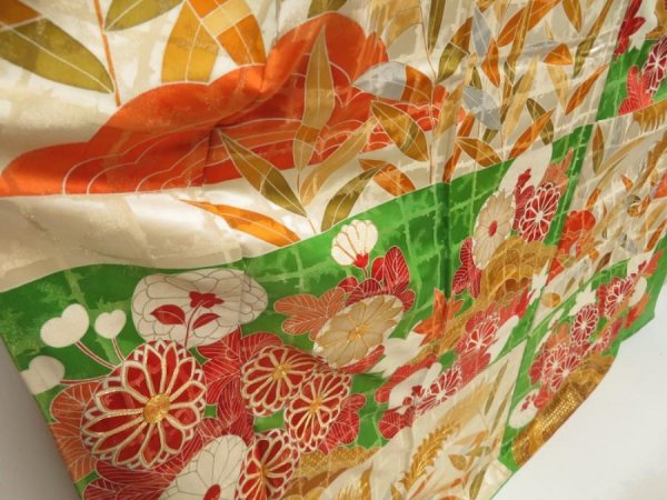 Photo3: 5709T08z1200 Vintage Japanese Kimono Silk FURISODE Chrysanthemum Green (3)