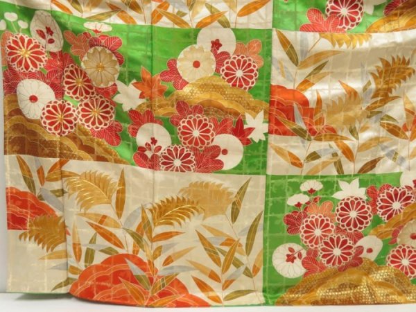 Photo5: 5709T08z1200 Vintage Japanese Kimono Silk FURISODE Chrysanthemum Green (5)