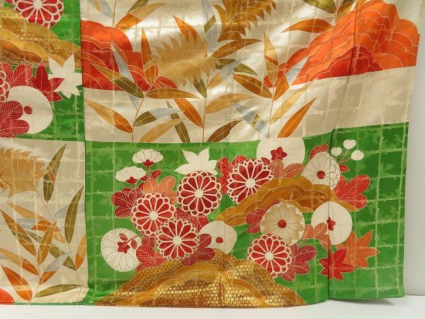 Photo7: 5709T08z1200 Vintage Japanese Kimono Silk FURISODE Chrysanthemum Green (7)