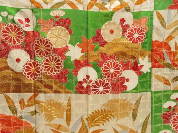 Photo8: 5709T08z1200 Vintage Japanese Kimono Silk FURISODE Chrysanthemum Green (8)