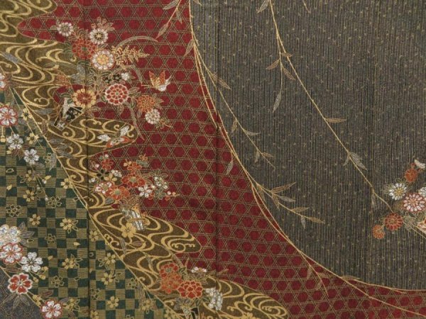 Photo7: 5709T09z1050  Japanese Kimono Silk TSUKESAGE Flowers Dark grape (7)