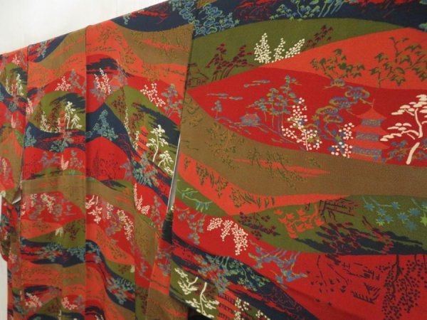 Photo2: 5709T10z910 Vintage Japanese Kimono Silk KOMON Trees Dark red (2)