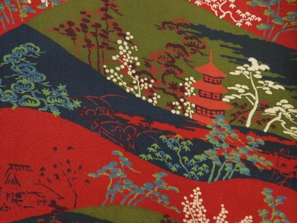 Photo6: 5709T10z910 Vintage Japanese Kimono Silk KOMON Trees Dark red (6)