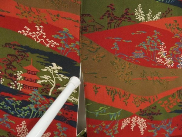 Photo7: 5709T10z910 Vintage Japanese Kimono Silk KOMON Trees Dark red (7)