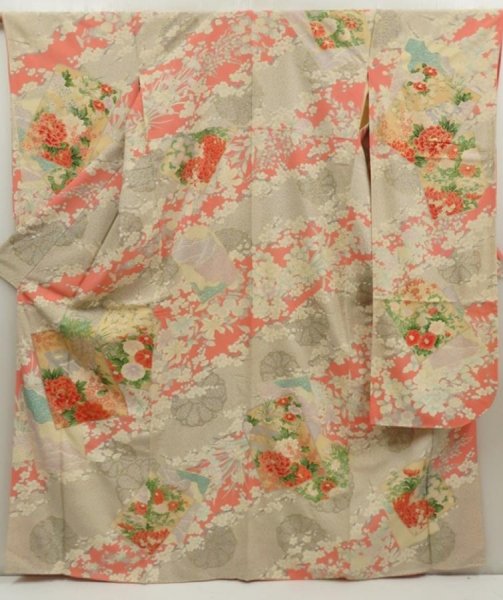 Photo1: 5709T11z1140 Vintage Japanese Kimono Silk FURISODE Peony Light gray (1)