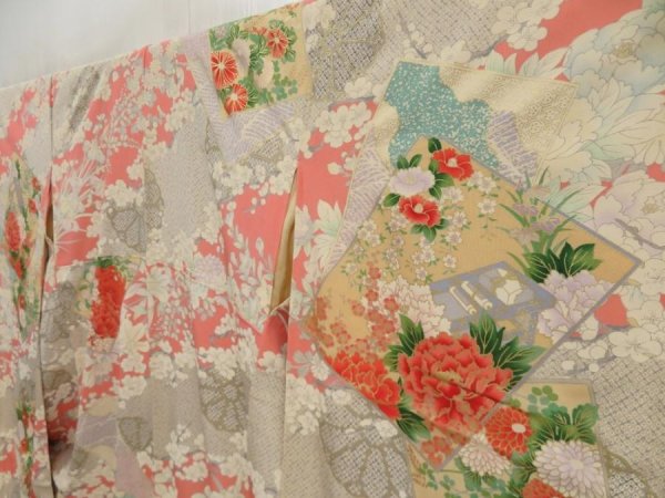 Photo2: 5709T11z1140 Vintage Japanese Kimono Silk FURISODE Peony Light gray (2)