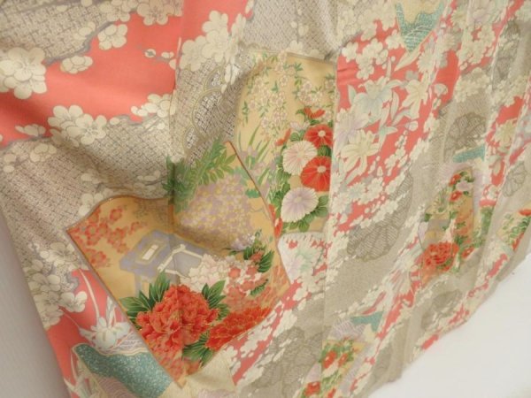 Photo3: 5709T11z1140 Vintage Japanese Kimono Silk FURISODE Peony Light gray (3)