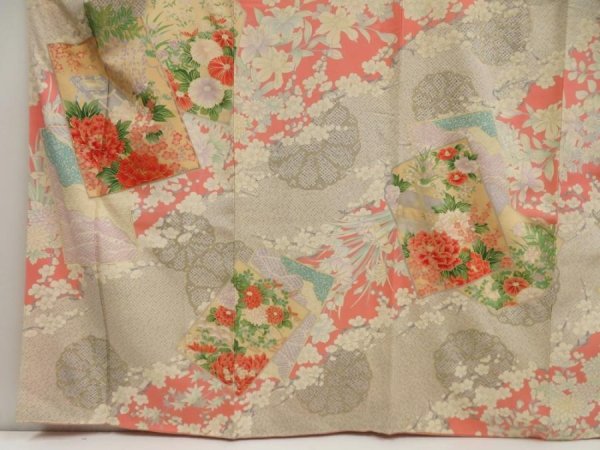 Photo5: 5709T11z1140 Vintage Japanese Kimono Silk FURISODE Peony Light gray (5)