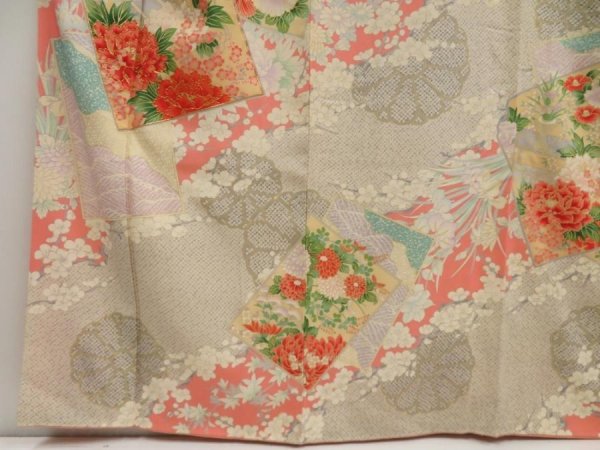 Photo6: 5709T11z1140 Vintage Japanese Kimono Silk FURISODE Peony Light gray (6)