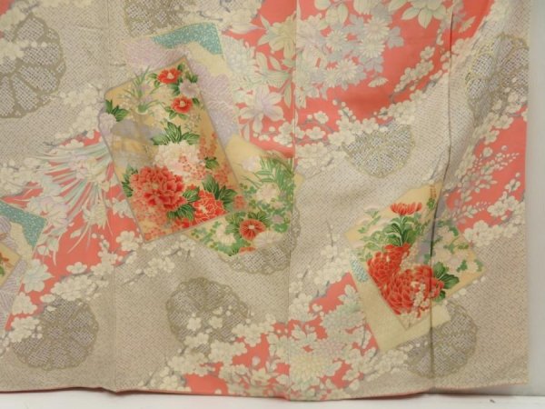 Photo7: 5709T11z1140 Vintage Japanese Kimono Silk FURISODE Peony Light gray (7)