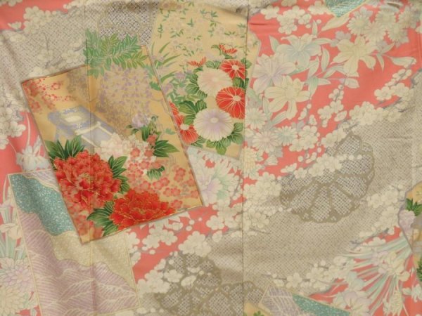 Photo8: 5709T11z1140 Vintage Japanese Kimono Silk FURISODE Peony Light gray (8)