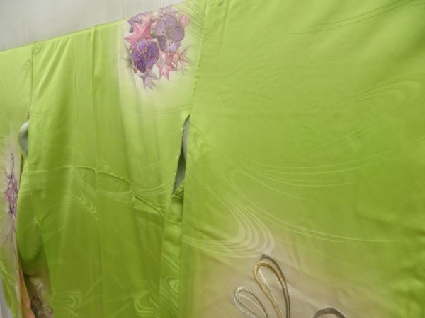 Photo2: 5709T12z1110 Vintage Japanese Kimono Silk FURISODE Peony Yellow green (2)